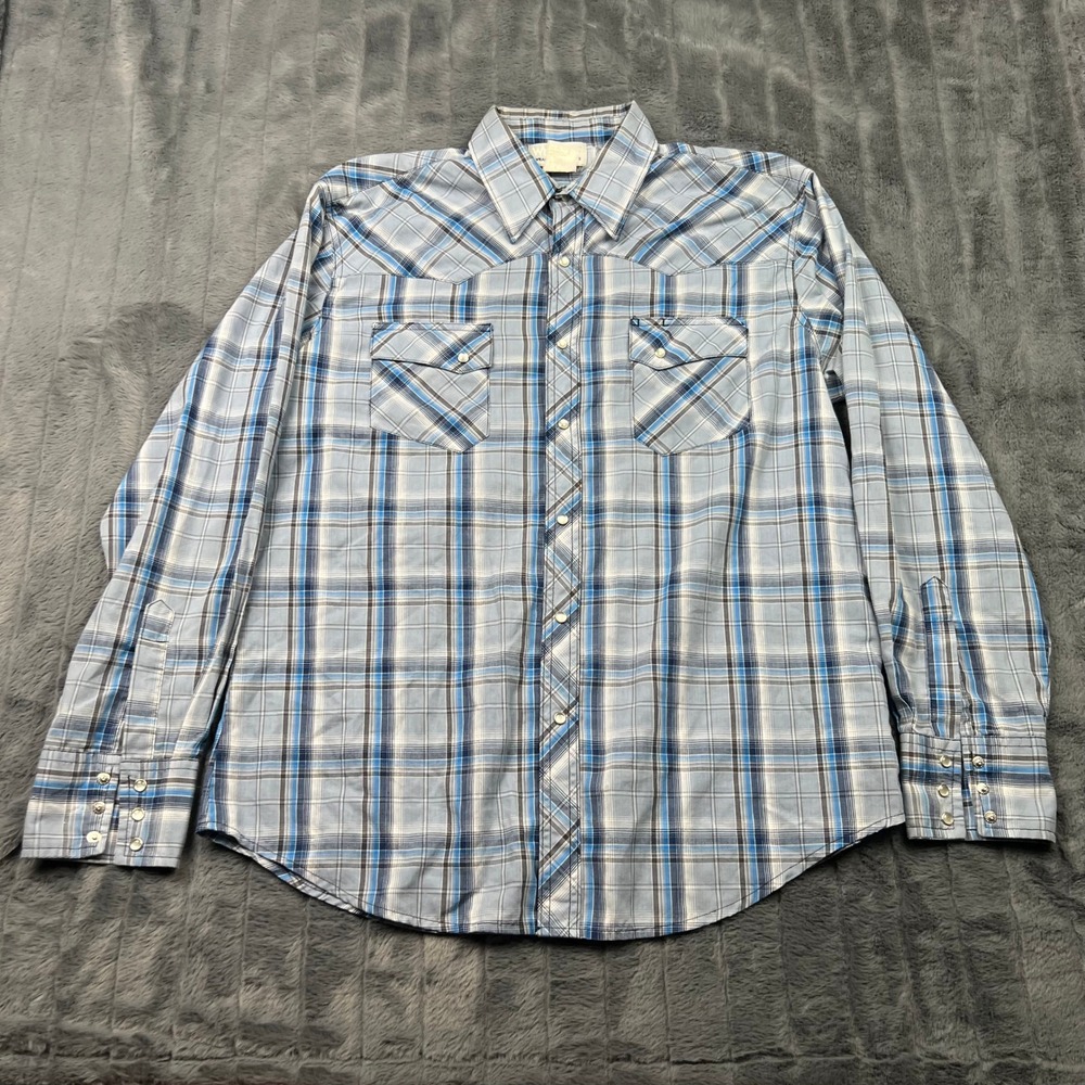 Wrangler Wrancher Mens Blue Plaid Western Pearl Snap Long Sleeve Shirt WTMH57953